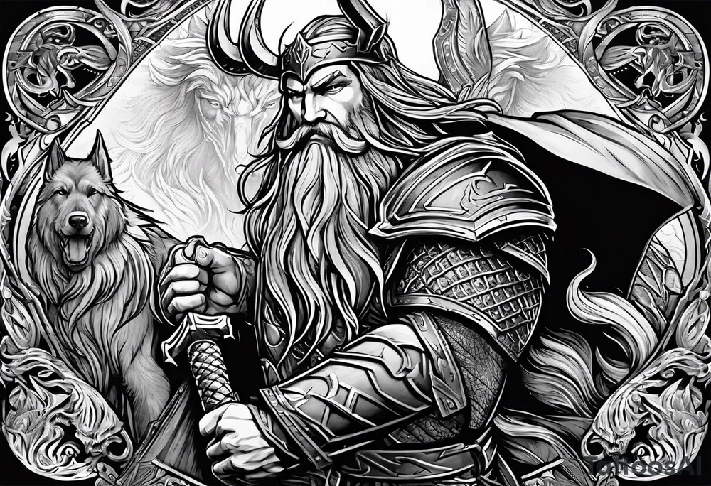 Odin mit Thor und darunter Hades mit sein dreiköpfigen Hund tattoo idea