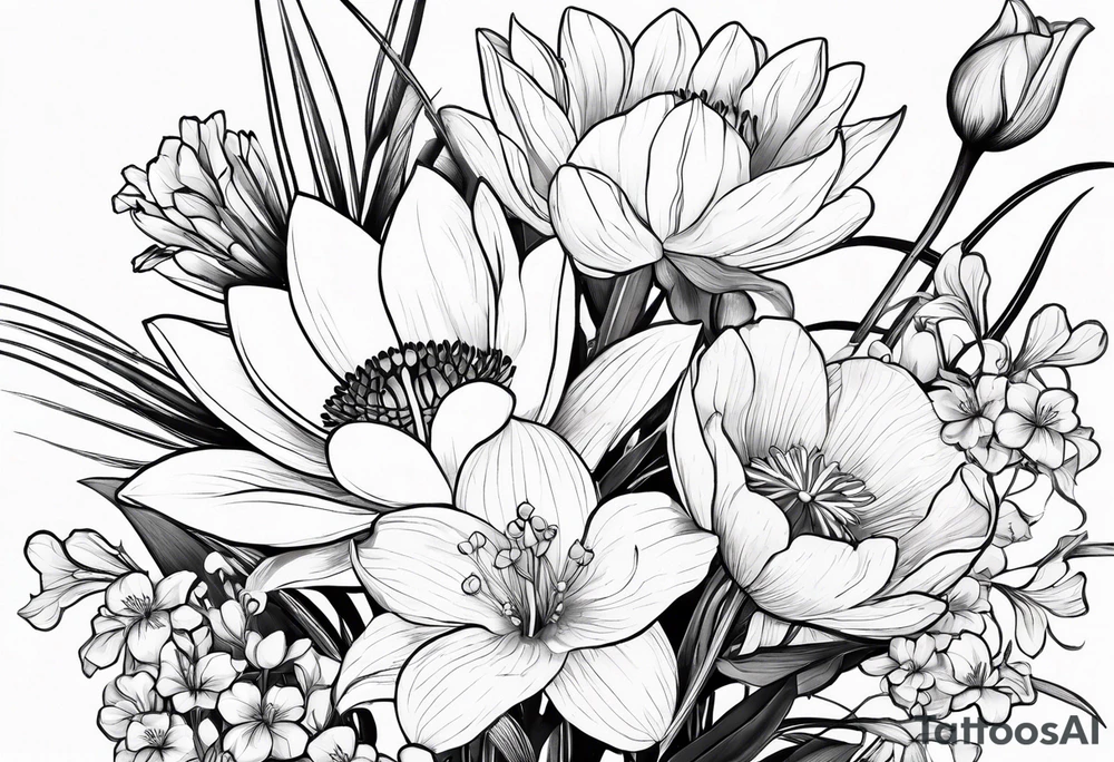 A minimalist line work bouquet of flowers with a water lily, gladiolus, poppy, lily of the valley, daffodil, and a honey suckle. With long stems and tied with a bow tattoo idea