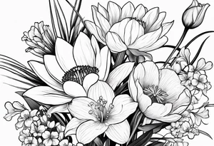 A minimalist line work bouquet of flowers with a water lily, gladiolus, poppy, lily of the valley, daffodil, and a honey suckle. With long stems and tied with a bow tattoo idea