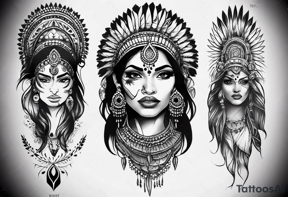 indian woman face 
theme leg sleeve tattoo idea