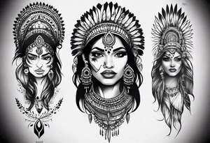 indian woman face 
theme leg sleeve tattoo idea