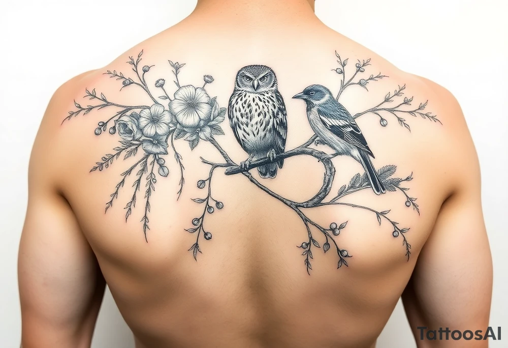 a fineline rowan tree branch with berries and florals. The florals should be large and the branches should have berries. Add in an owl and 2 magpies tattoo idea