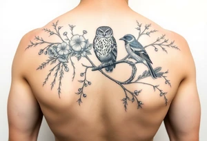a fineline rowan tree branch with berries and florals. The florals should be large and the branches should have berries. Add in an owl and 2 magpies tattoo idea