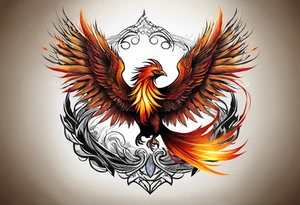 Tattoo: A powerful, majestic phoenix, depicted mid-flight or rising, with wings extended and feathers flowing. Deep shading and intricate details to bring out the texture and motion of the feathers. tattoo idea