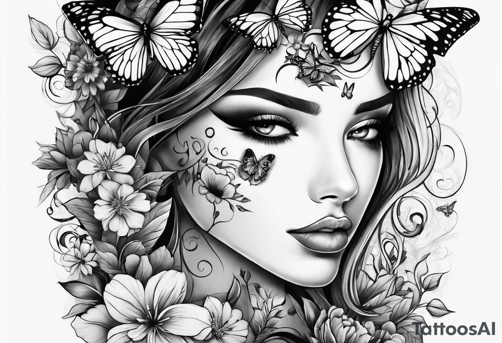 Half face with flowers and butterfly tattoo idea