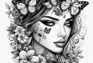 Half face with flowers and butterfly tattoo idea