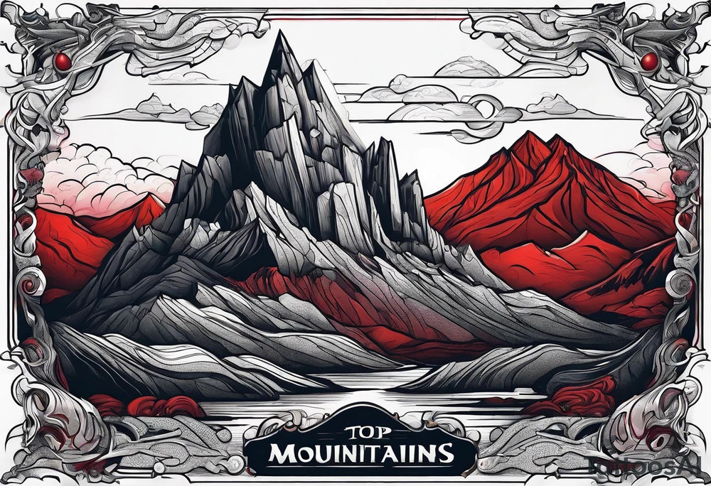 red mountains which there are two fantasies castles. tattoo idea
