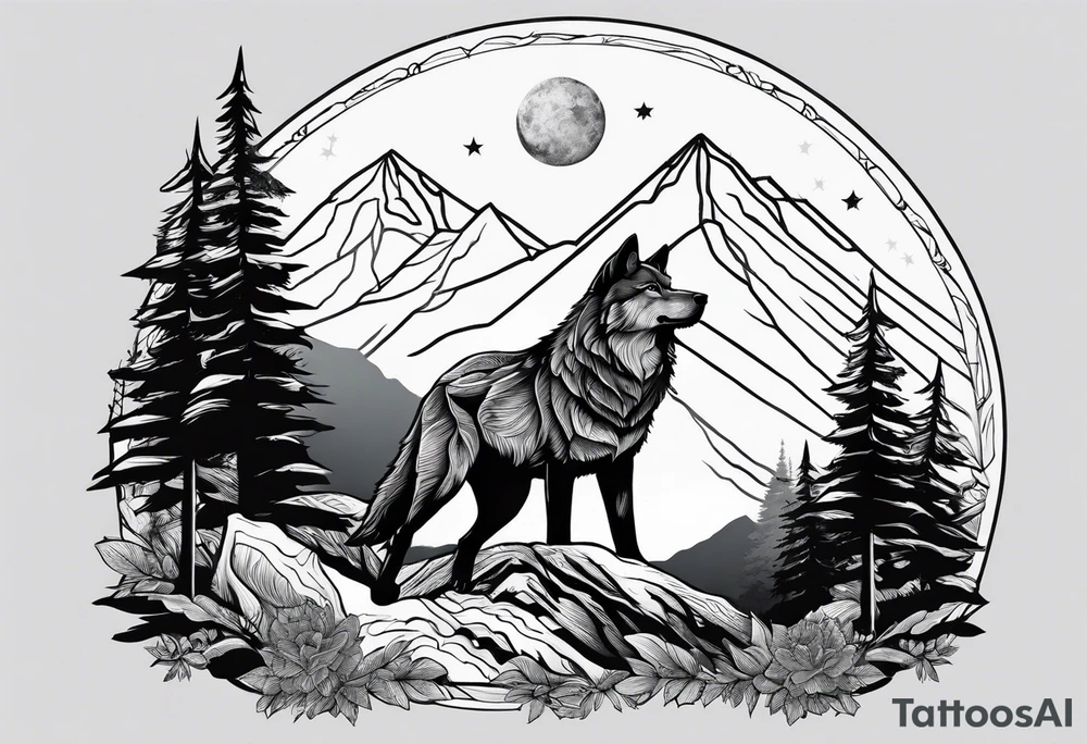 Mountains, wolf, Aquarius tattoo idea