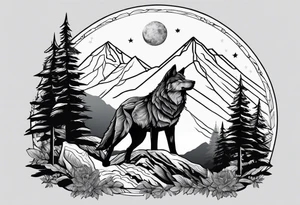 Mountains, wolf, Aquarius tattoo idea