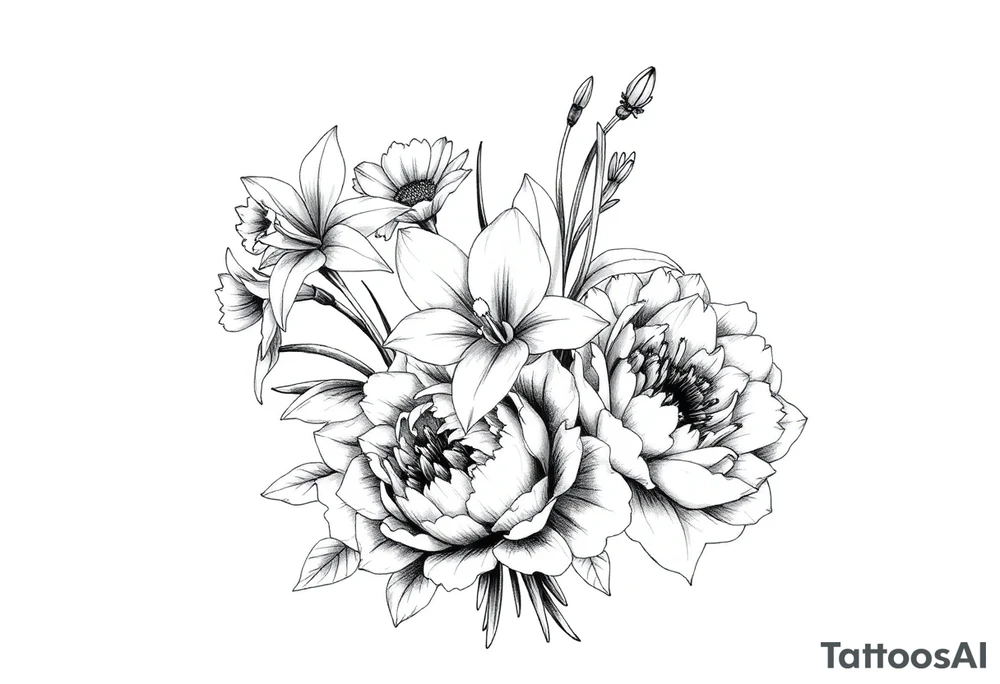 small daffodils, jonquils, chrysanthemum and peony in a bouquet tattoo idea