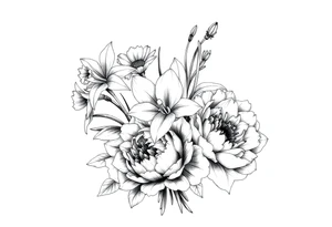 small daffodils, jonquils, chrysanthemum and peony in a bouquet tattoo idea