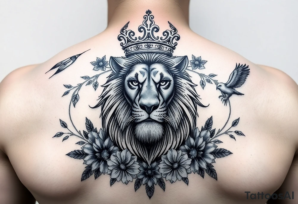 powerful majestic lion with a crown, surrounded by floral ornaments and birds tattoo idea