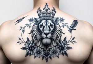 powerful majestic lion with a crown, surrounded by floral ornaments and birds tattoo idea