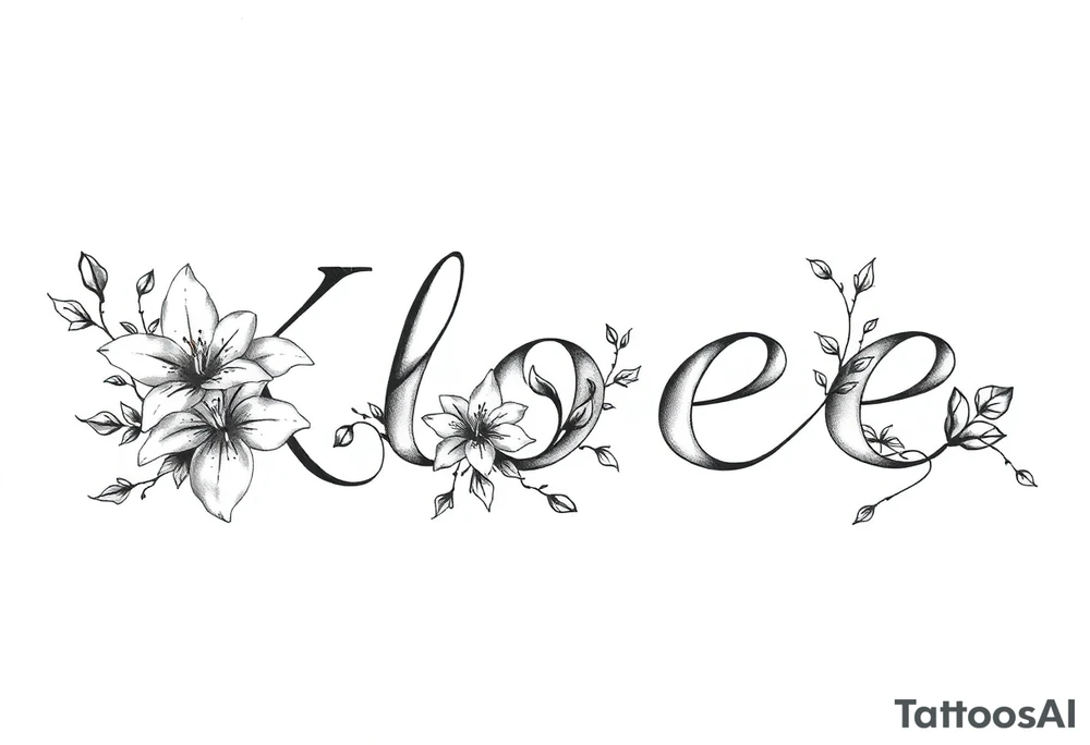 The word Kloee surrounded by big
lilies with the vines in letters tattoo idea