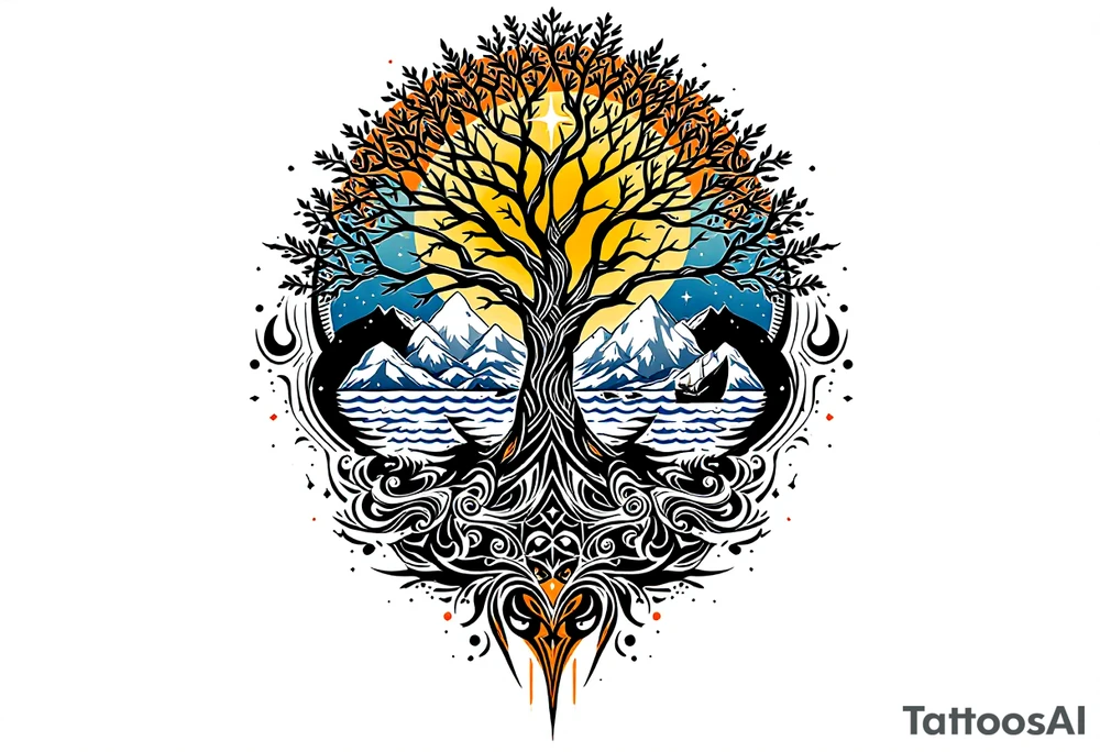 tattoo that has an acacia tree with mountains, ocean with a ship wreck with sharks and the bright northern star tattoo idea