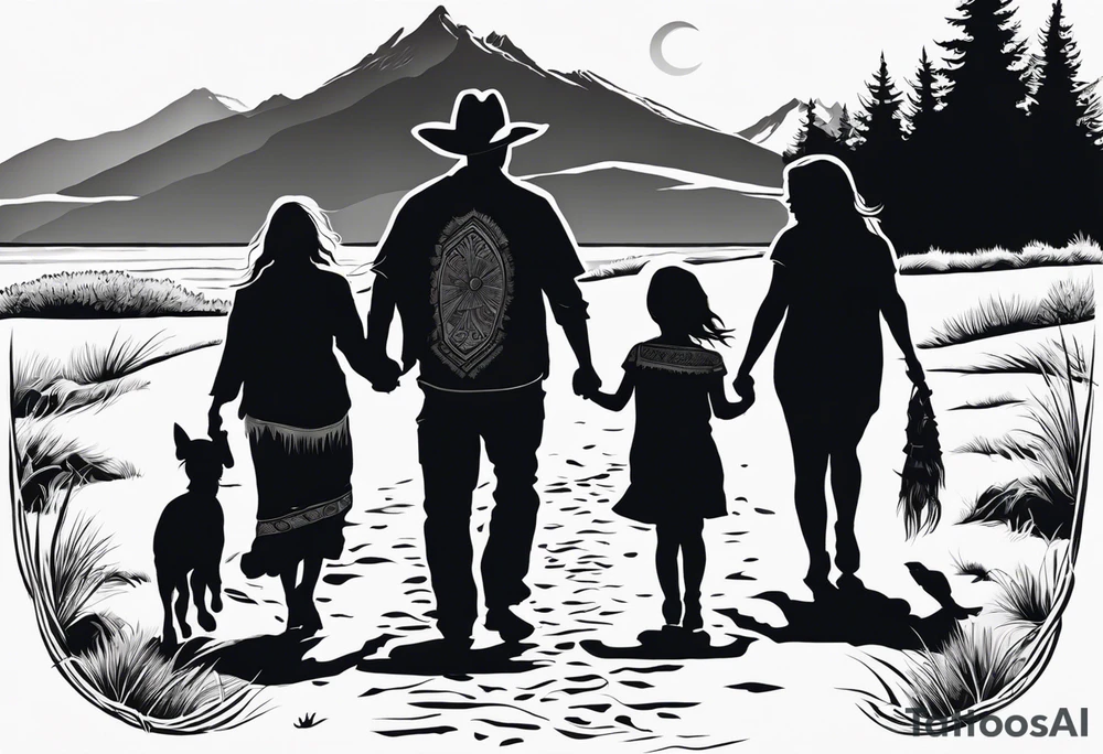 A shadow of a family of four walking through the Pacific northwest landscape. Father, Wife, Son, daughter.
 Faith centered and add Mexican tribal  border with importance of faith.
Add crosses and GOD tattoo idea