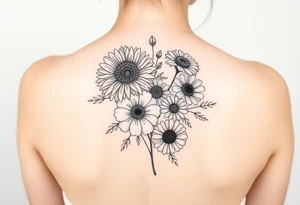 Flower bouquet with chrysanthemum, poppy, cosmo, daisy tattoo idea