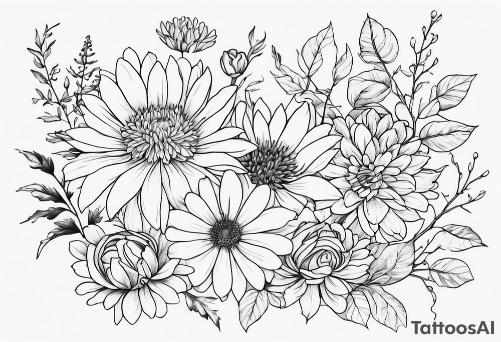 Asters, roses, hawthorns, and chrysanthemums in a long line tattoo idea