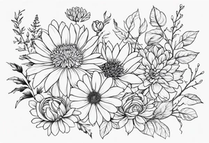 Asters, roses, hawthorns, and chrysanthemums in a long line tattoo idea