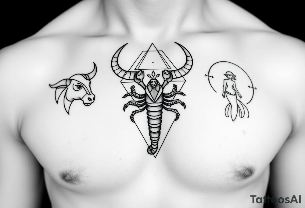rompt:
"A single continuous fine line geometric tattoo design integrating a stylized bull (Taurus), a scorpion (Scorpio), and a figure of a maiden (Virgo). The three elements are woven together using intricate polygons, sacred geometry patterns, interlocking triangles, and sharp angles. Minimalist approach with clean lines, no heavy shading, and high contrast. The composition should be sophisticated and masculine, designed as a cohesive piece for a chest or upper arm placement. Pure black ink on a clean white backgrou tattoo idea