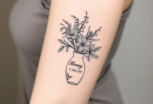 lily of the valley, hawthorn and birds of paradise flowers in a vase that says 'honey' on it with V.XXVI.LXX tattoo idea