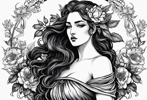 Greek mythology with persephone goddess with a dark or gothic perspective. Include pomegranate, flowers and her being the queen of the underwood tattoo idea