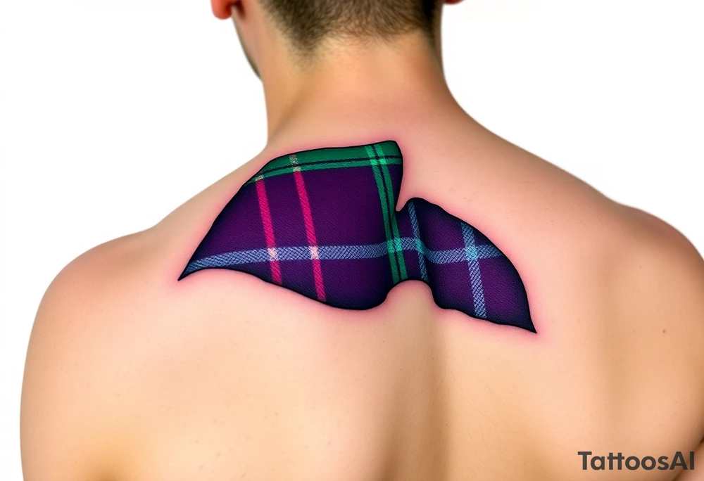 Dark Purple with green pink blue and white highlights tartan fabric with skin around edges peeling and wrapping around side of shoulder tattoo idea