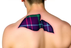 Dark Purple with green pink blue and white highlights tartan fabric with skin around edges peeling and wrapping around side of shoulder tattoo idea