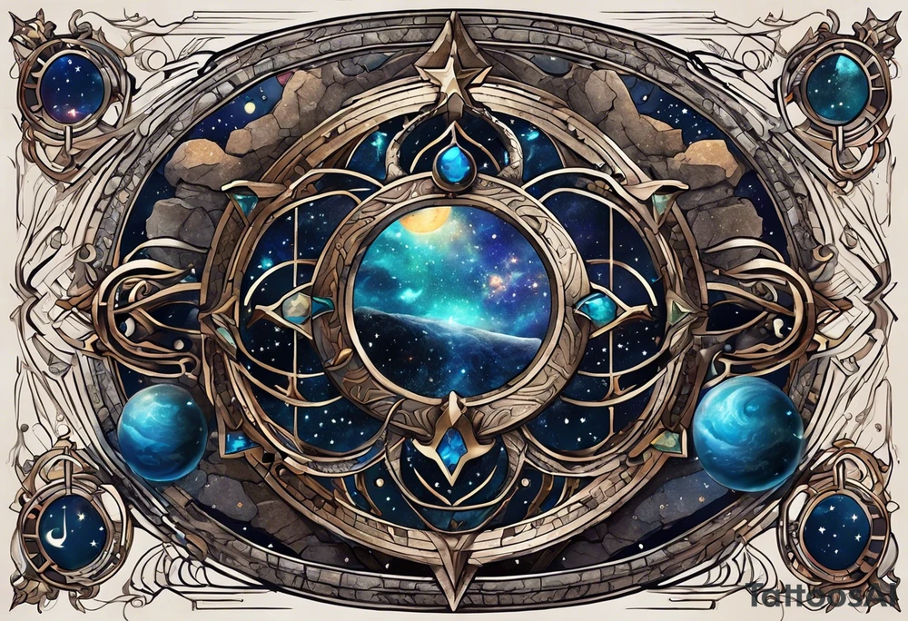 Matter, energy, space and time with an old stone theta symbol with stars in the background and Scorpio constellation tattoo idea