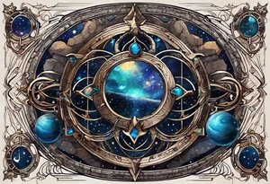Matter, energy, space and time with an old stone theta symbol with stars in the background and Scorpio constellation tattoo idea