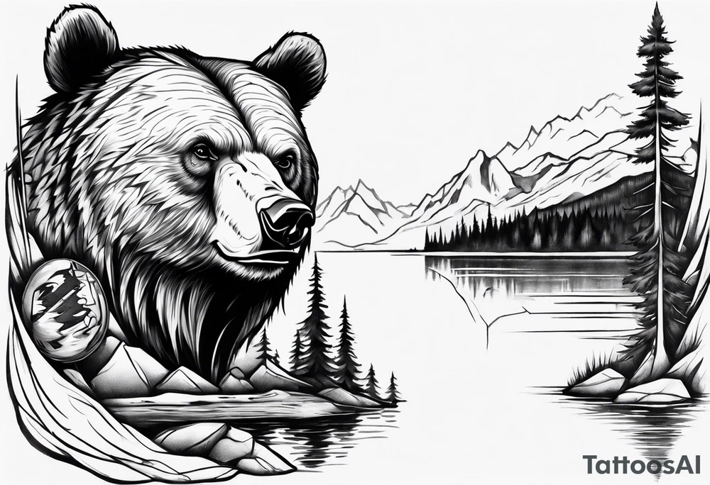 bear head right above the forest line with a lake below, full arm sleeve tattoo tattoo idea
