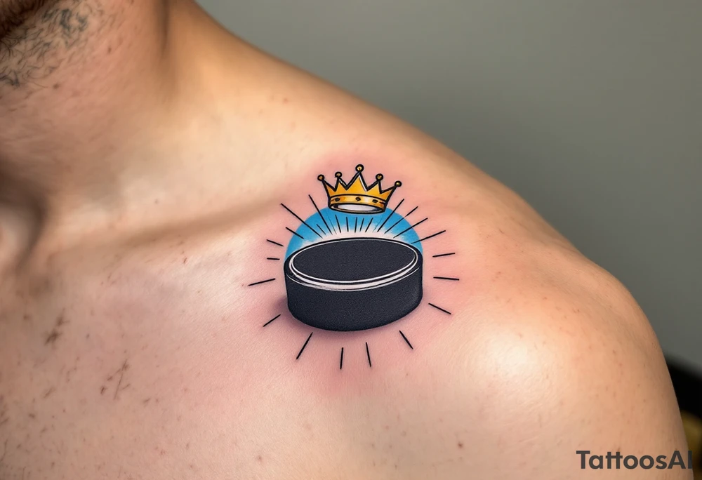 Puck with Crown – A regal twist: black puck with a golden crown hovering above it, backed by soft blue rays. tattoo idea