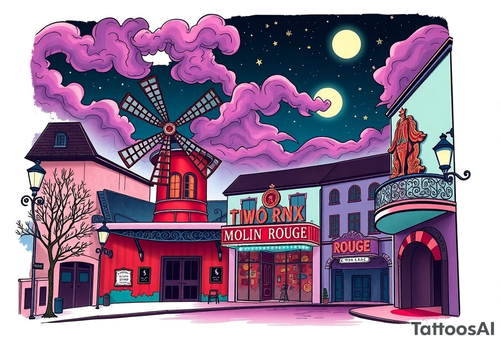 Tim Burton’s moulin Rouge from outside view is the street abandoned and dripping with muted reds, dusty pinks, and eerie green glow purple and cyan smokey clouds swirl and dance in the moonlit night sky filled with twinkling stars  tattoo idea tattoo idea