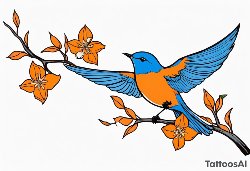 bluebird flying off of branch with orange blossoms tattoo idea
