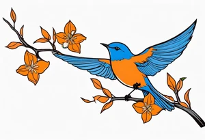 bluebird flying off of branch with orange blossoms tattoo idea