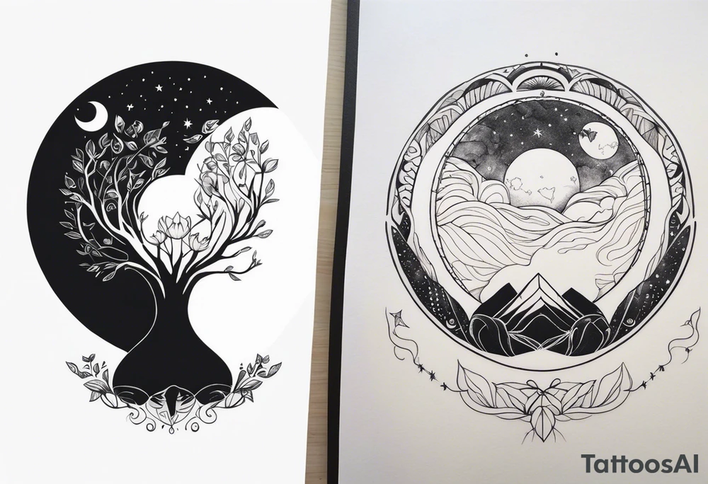 Two separate ideas for day and night placed on each breast tattoo idea Two separate ideas for day and night placed on each breast tattoo idea