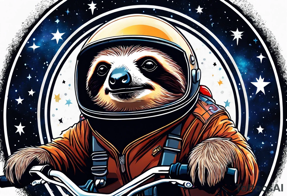 sloth on motorcycle in space galaxy tattoo idea