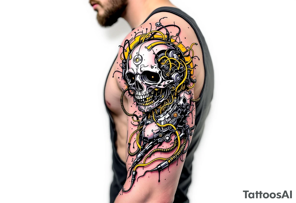 A biomechanical fusion tattoo where the skin peels back to reveal slick chrome and glowing yellow wires. tattoo idea