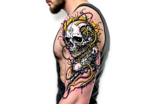 A biomechanical fusion tattoo where the skin peels back to reveal slick chrome and glowing yellow wires. tattoo idea