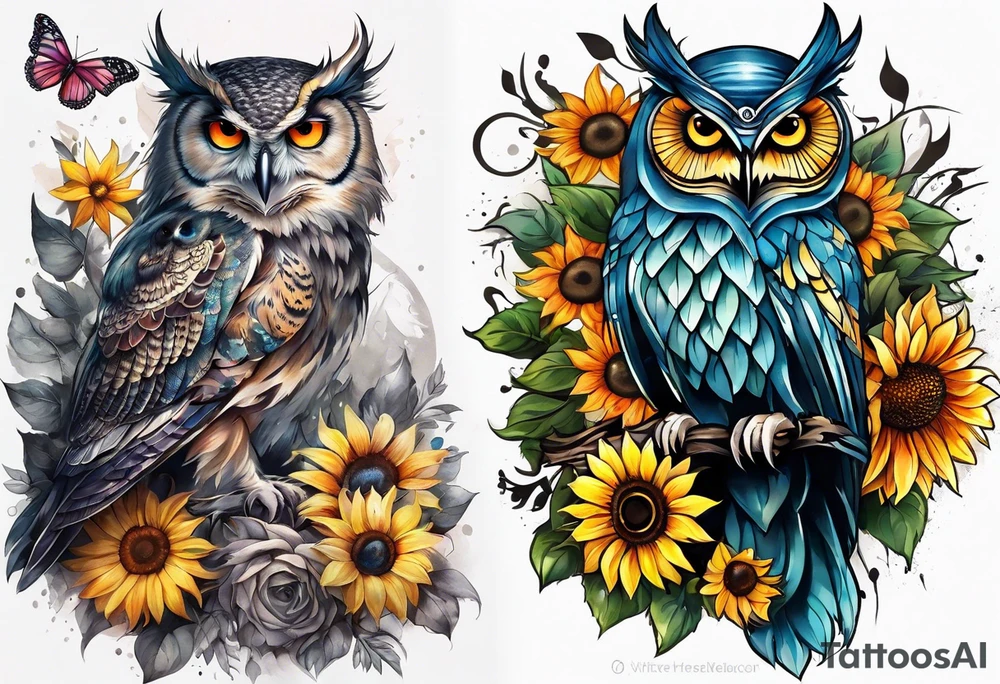 Sleeve with owl, sunflower and butterfly tattoo idea