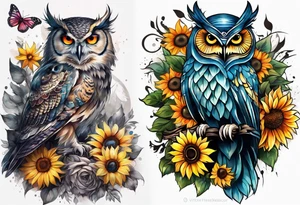 Sleeve with owl, sunflower and butterfly tattoo idea