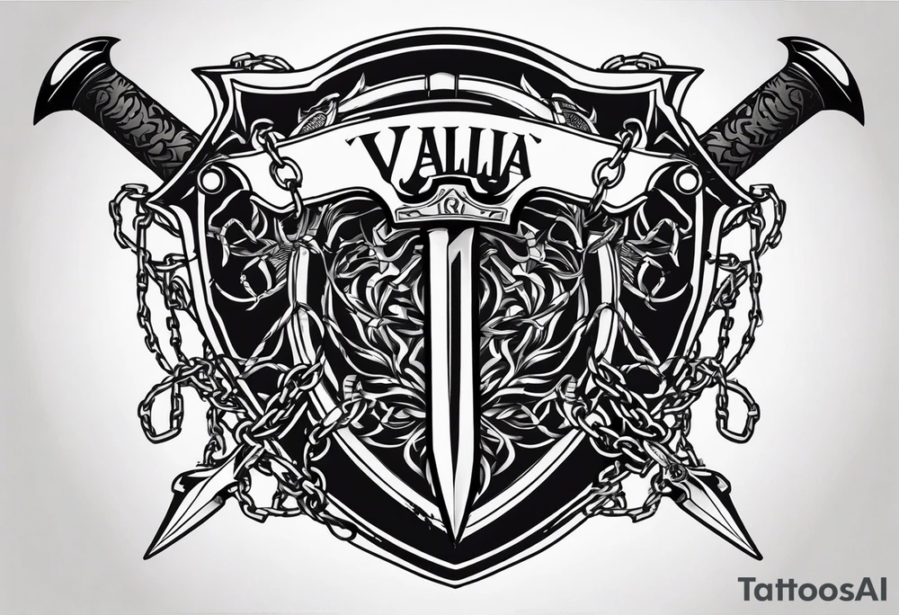 Valhalla sword round shield axe barbed wire chains tattoo idea