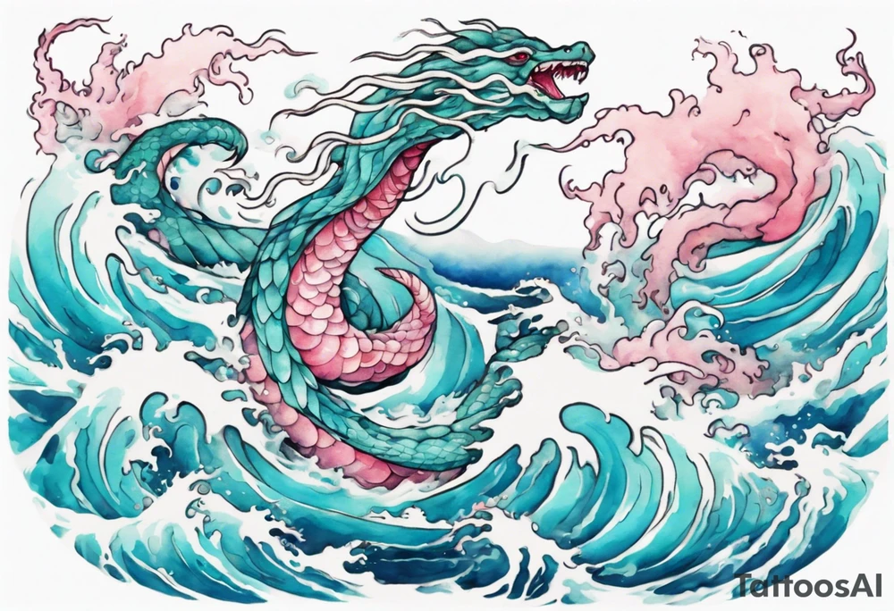a turquoise and white and pink pretty sea serpent rising from the blue waves of the ocean tattoo idea