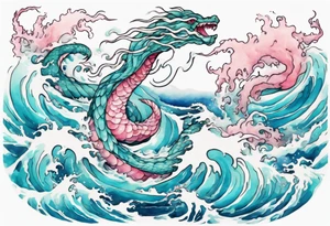 a turquoise and white and pink pretty sea serpent rising from the blue waves of the ocean tattoo idea