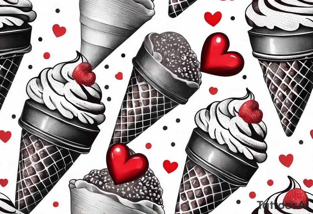 sketch chocolate chip ice cream cone with one red heart tattoo idea