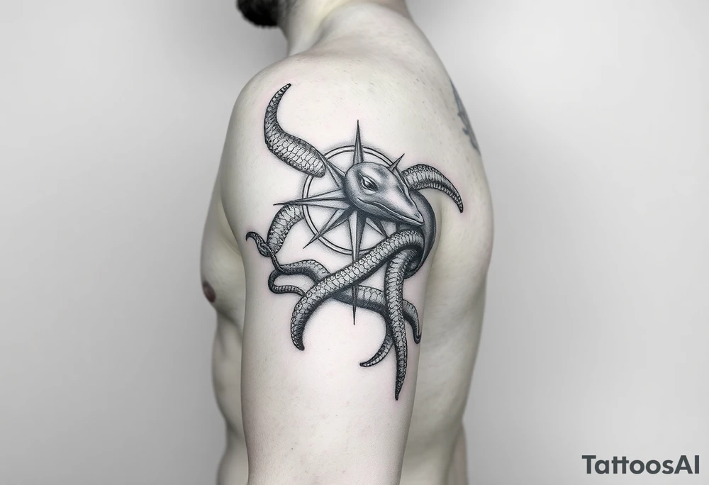 black and grey realistic full arm sleeve consisting of Compass Rose on the inner forearm as a focal point with loggerhead Turtles Swimming along the forearm, an Octopus Wrapping its tentacles around the arm,  a large whale gliding through the bicep area, and waves acting as the background to tie everything together. tattoo idea