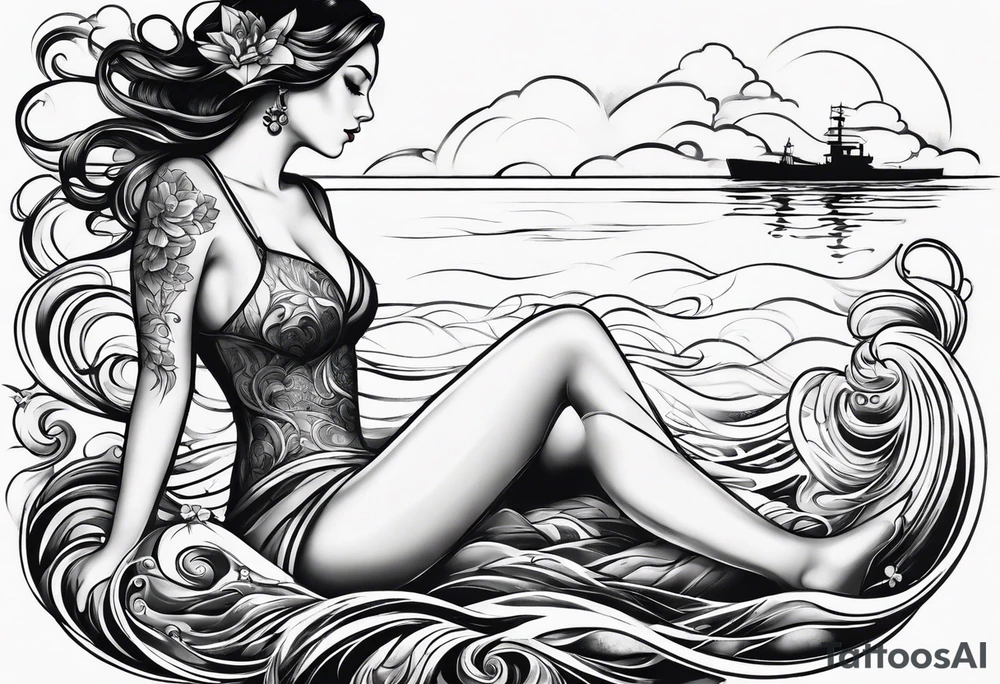 simple tattoo of full body girl relaxing above water tattoo idea