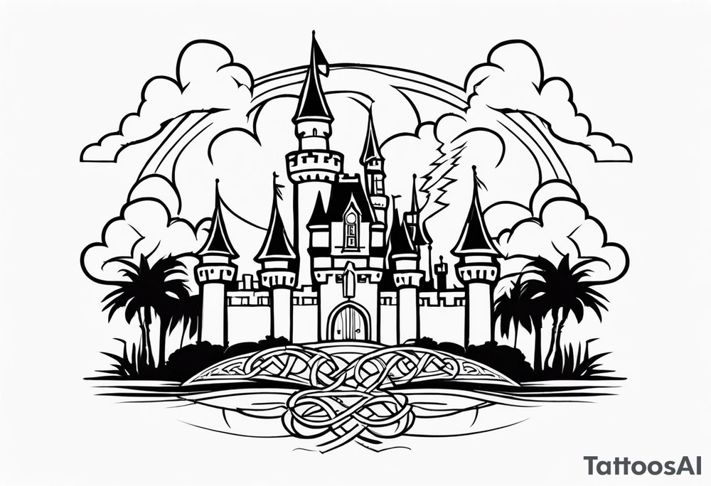 disney castle with a lightning storm palm trees and a mickey mouse and celtic symbol for family tattoo idea