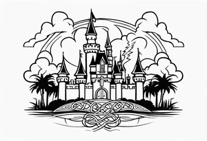disney castle with a lightning storm palm trees and a mickey mouse and celtic symbol for family tattoo idea