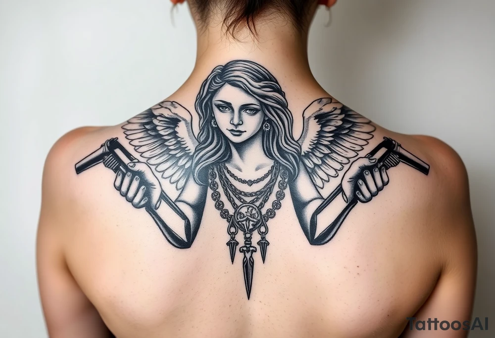 old angel statue in criminal style, tattooed and at the same time contemporary, weapons in hand, gangster-style gold necklaces tattoo idea